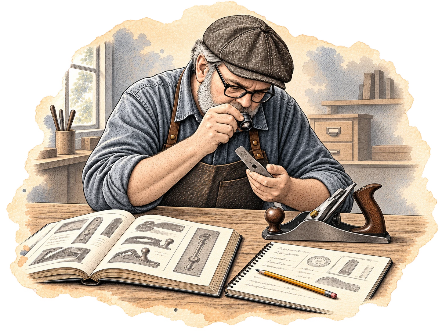 Drawing of a man sitting at a bench researching markings on a tool.