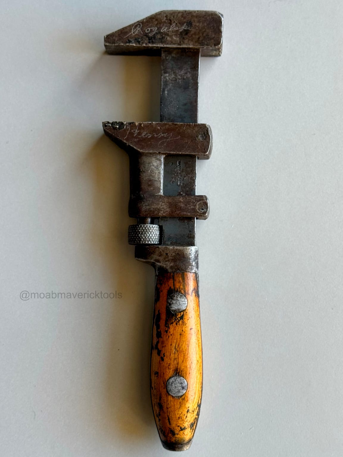 Restored Sargent No. 88 adjustable wrench with original wooden handle and user markings visible