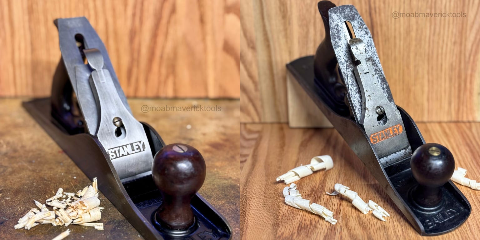 Two restored Stanley Bailey No. 5 jack planes shown together, one unusually clean and one retaining substantially more visible age and wear