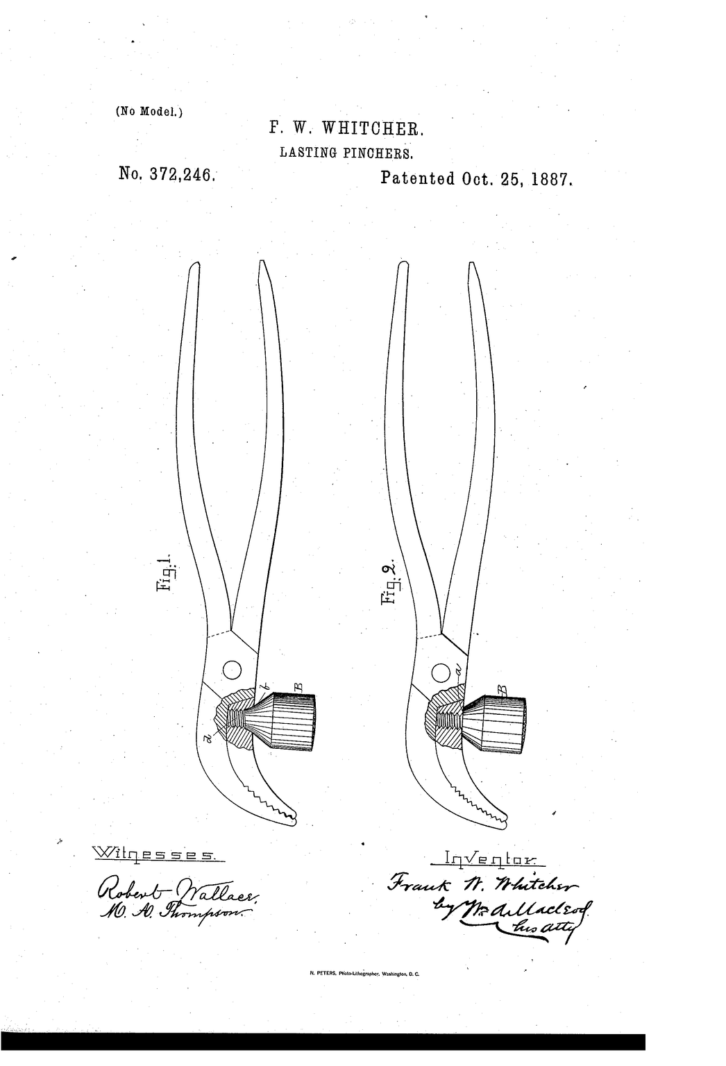 Drawing from Frank W. Whitcher U.S. Patent No. 372246 showing lasting pliers and the improved tapered hammer mounting