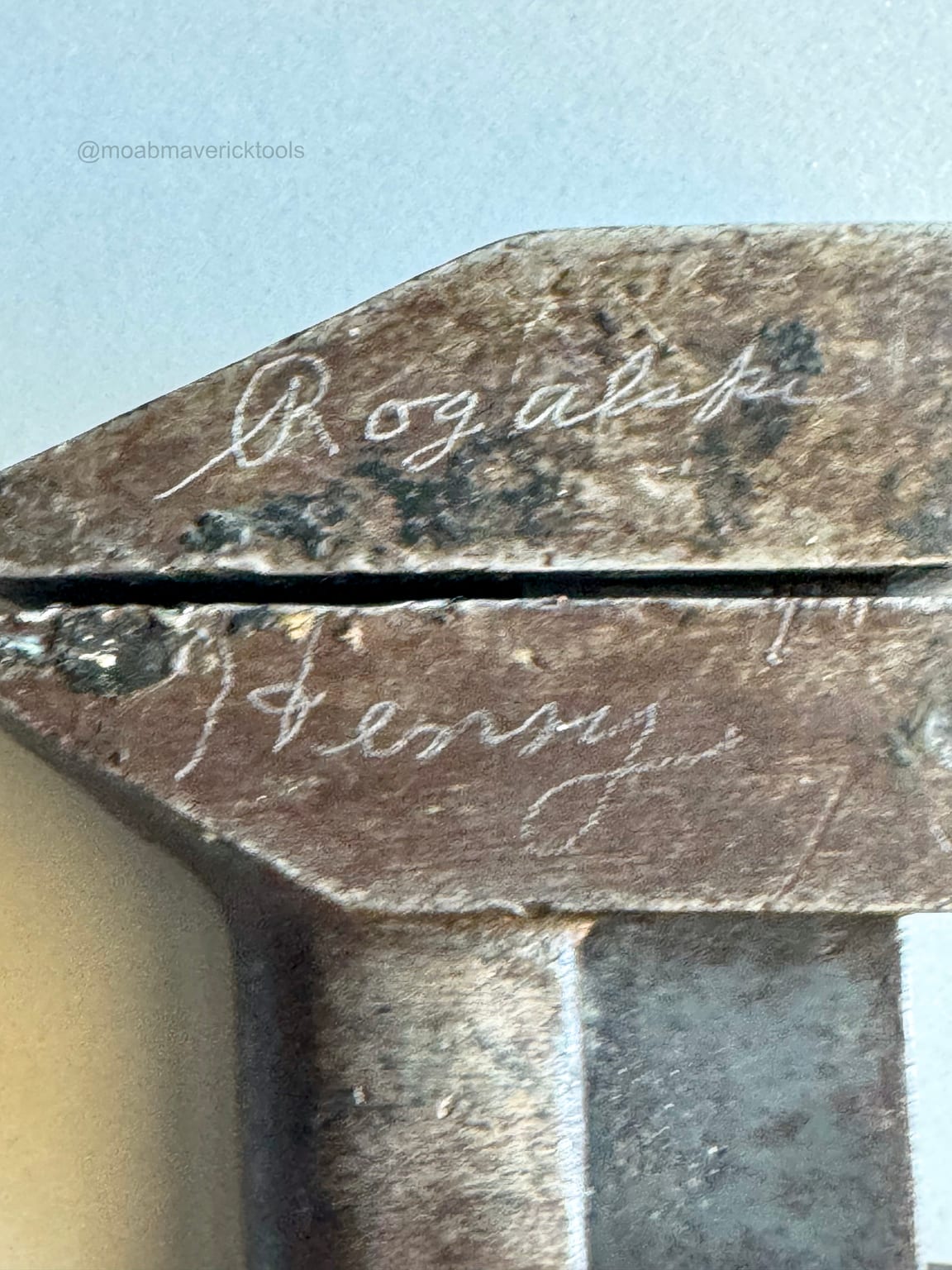 Hand-scribed Rogers and Henry names preserved on the jaws of a Sargent adjustable wrench