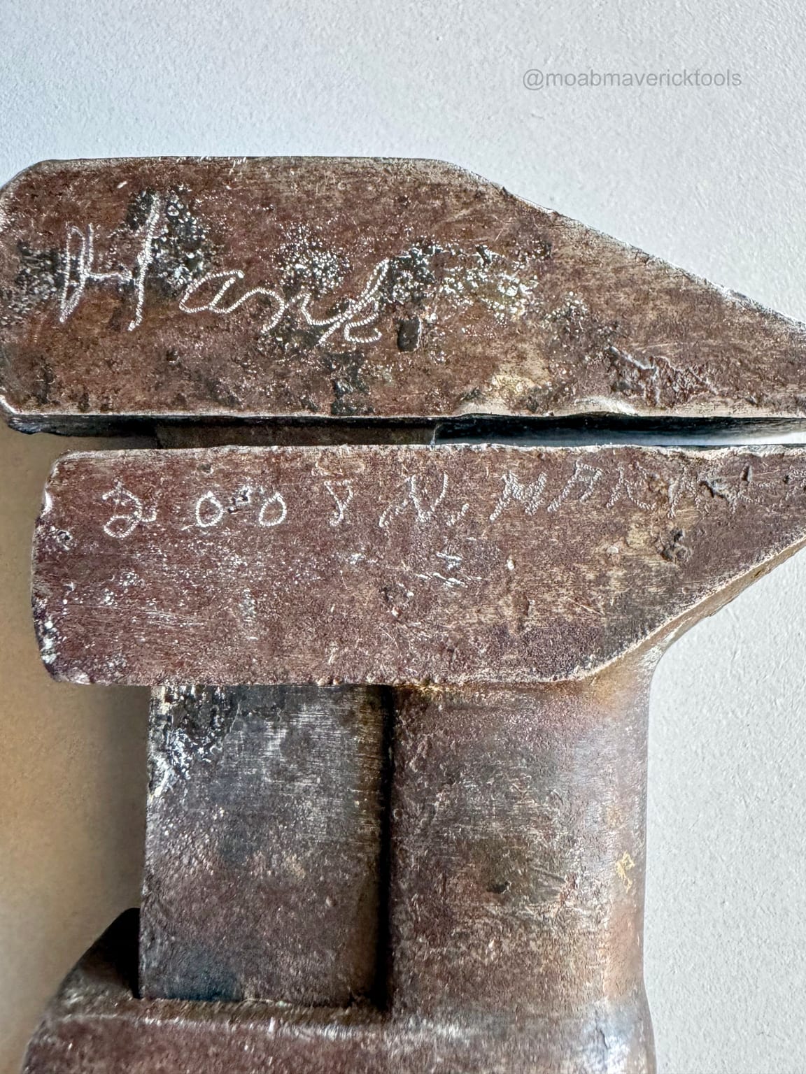 Hand-scribed Hank name and additional markings on the jaw of an antique Sargent wrench