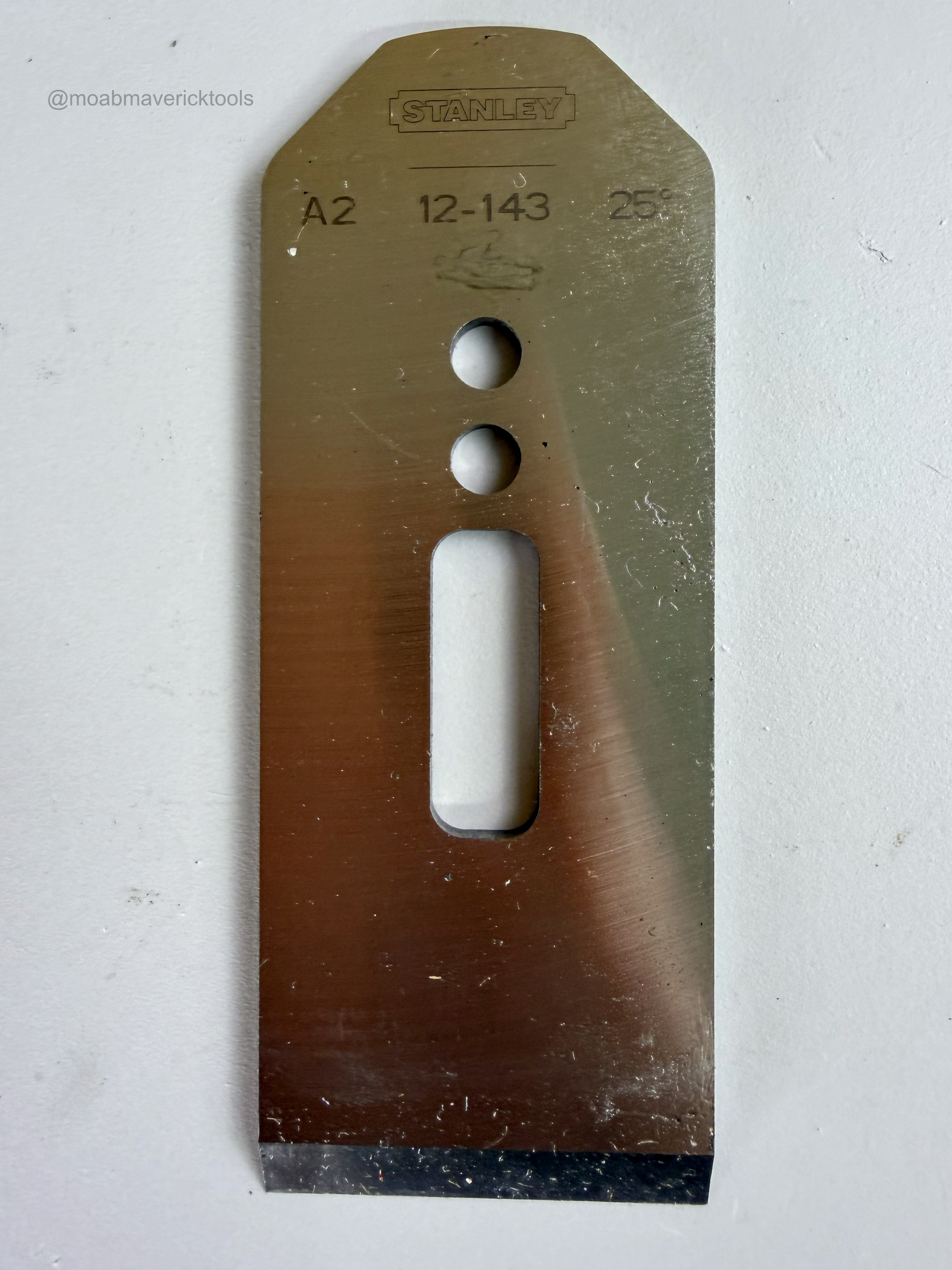 Stanley A2 plane iron marked 12-143 and 25 degrees