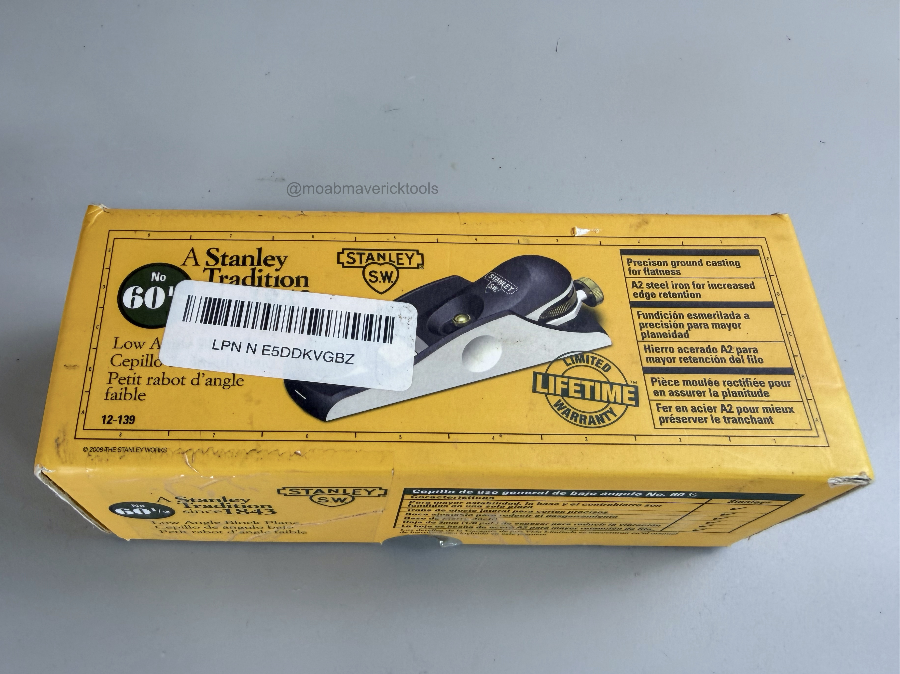 Original yellow Stanley No. 60½ low-angle block plane box