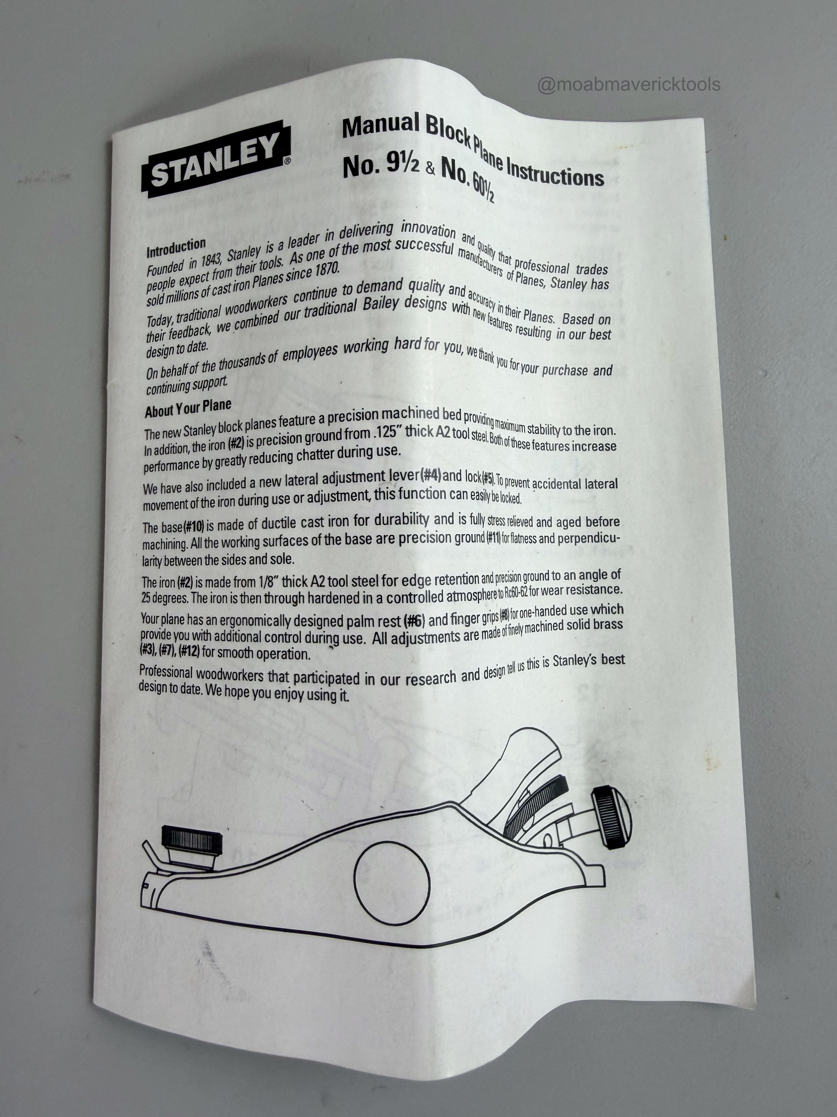 Stanley instruction sheet for No. 9½ and No. 60½ block plane