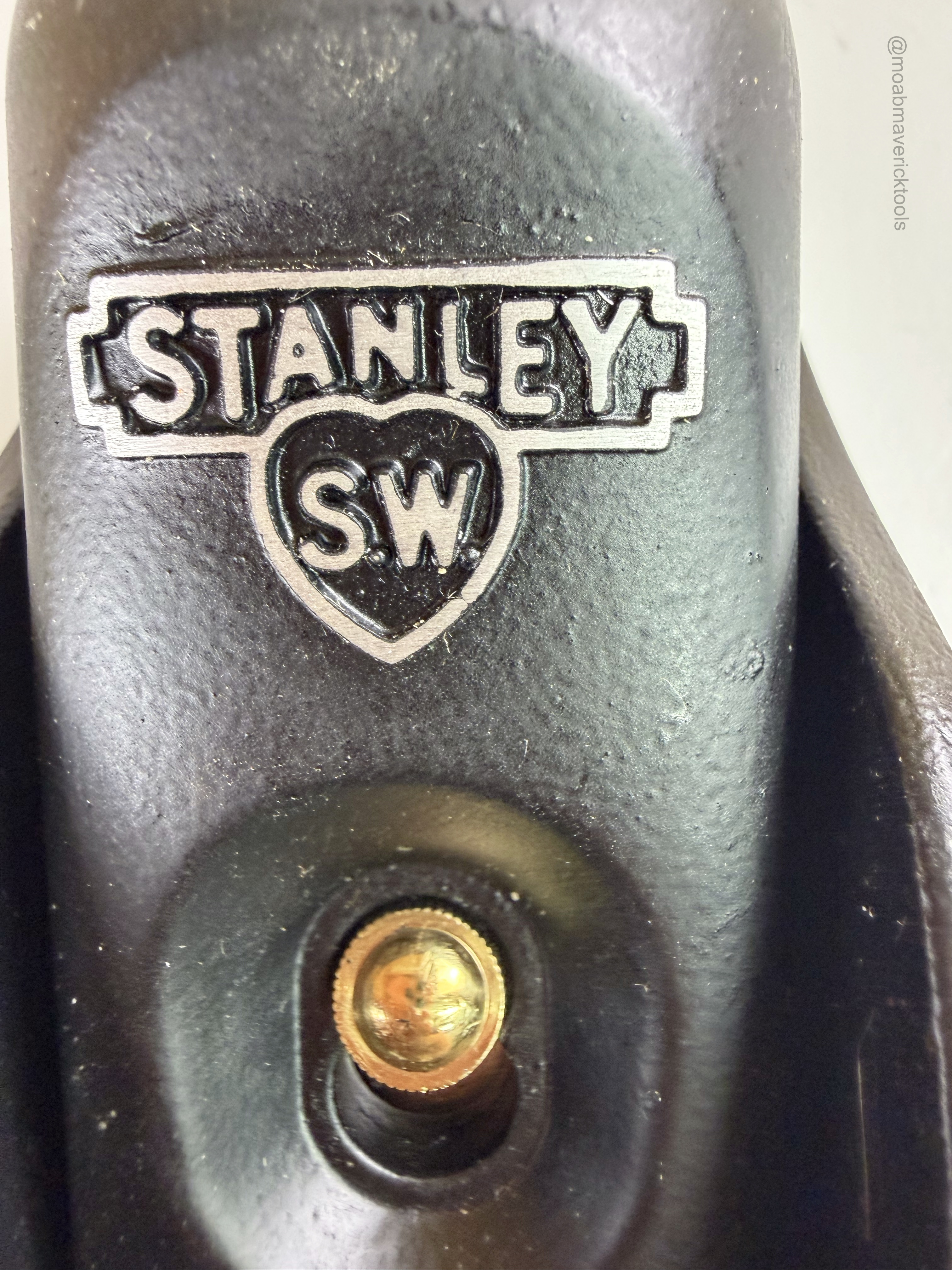 Close-up of Stanley SW trademark on the block plane lever cap